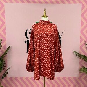 High-Neck Red Printed Tunic Top
